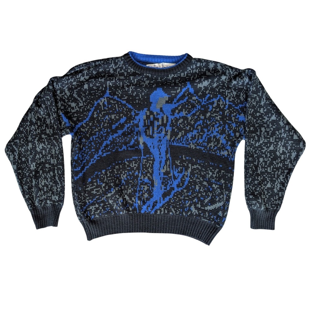80s Vintage Club Europe XL Grey Blue Ski Theme Long Sleeve‎ Knit Sweater